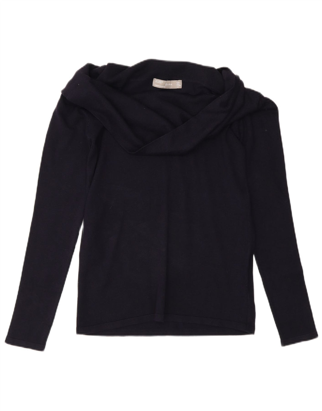 Top feminino Zara de manga comprida UK 14 grande viscose azul marinho