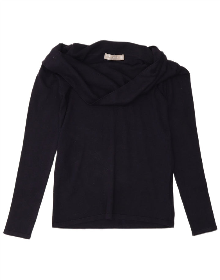 Top feminino Zara de manga comprida UK 14 grande viscose azul marinho