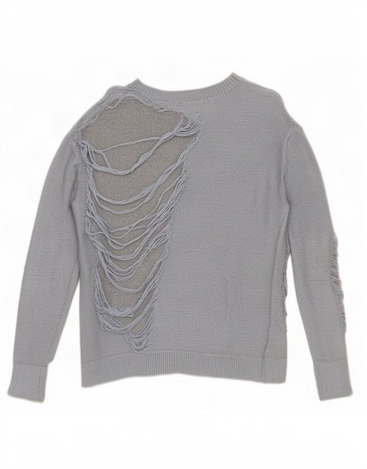 Suéter feminino Zara com gola canoa grande e desgastado Reino Unido 10 pequeno azul