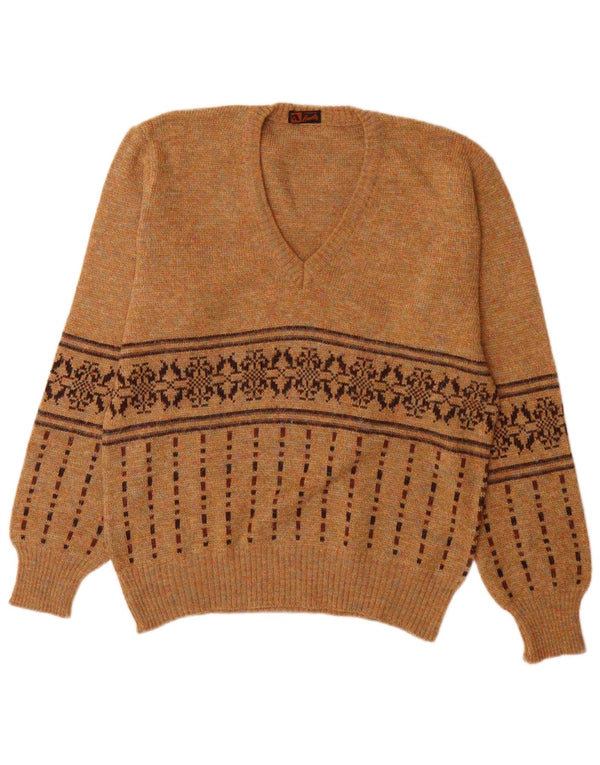 Suéter masculino vintage com decote em V médio marrom Fair Isle acrílico
