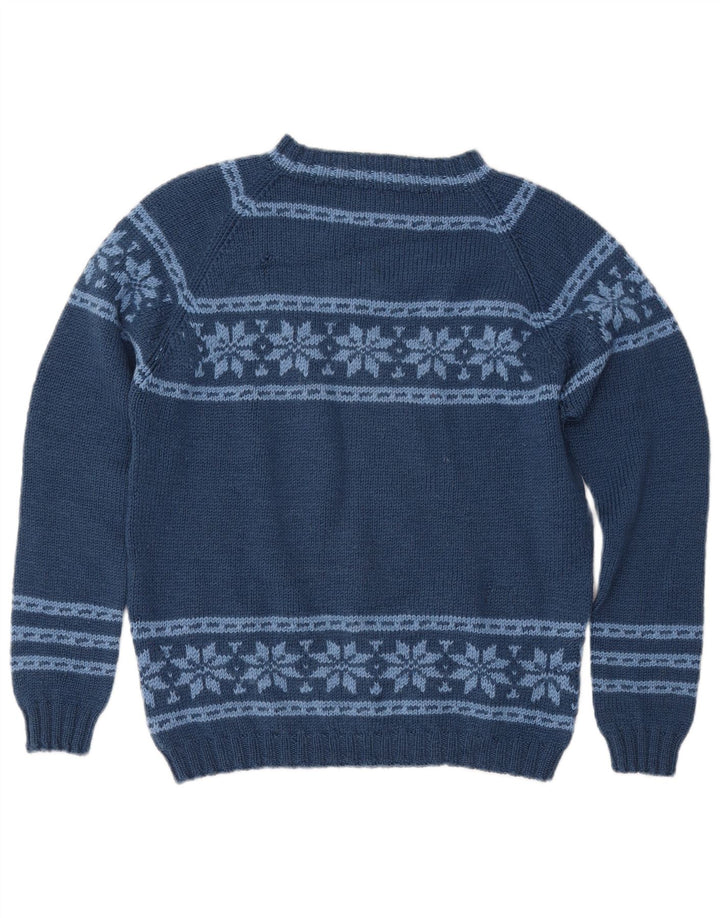 Suéter feminino VINTAGE com gola canoa Reino Unido 12 médio azul marinho Fair Isle
