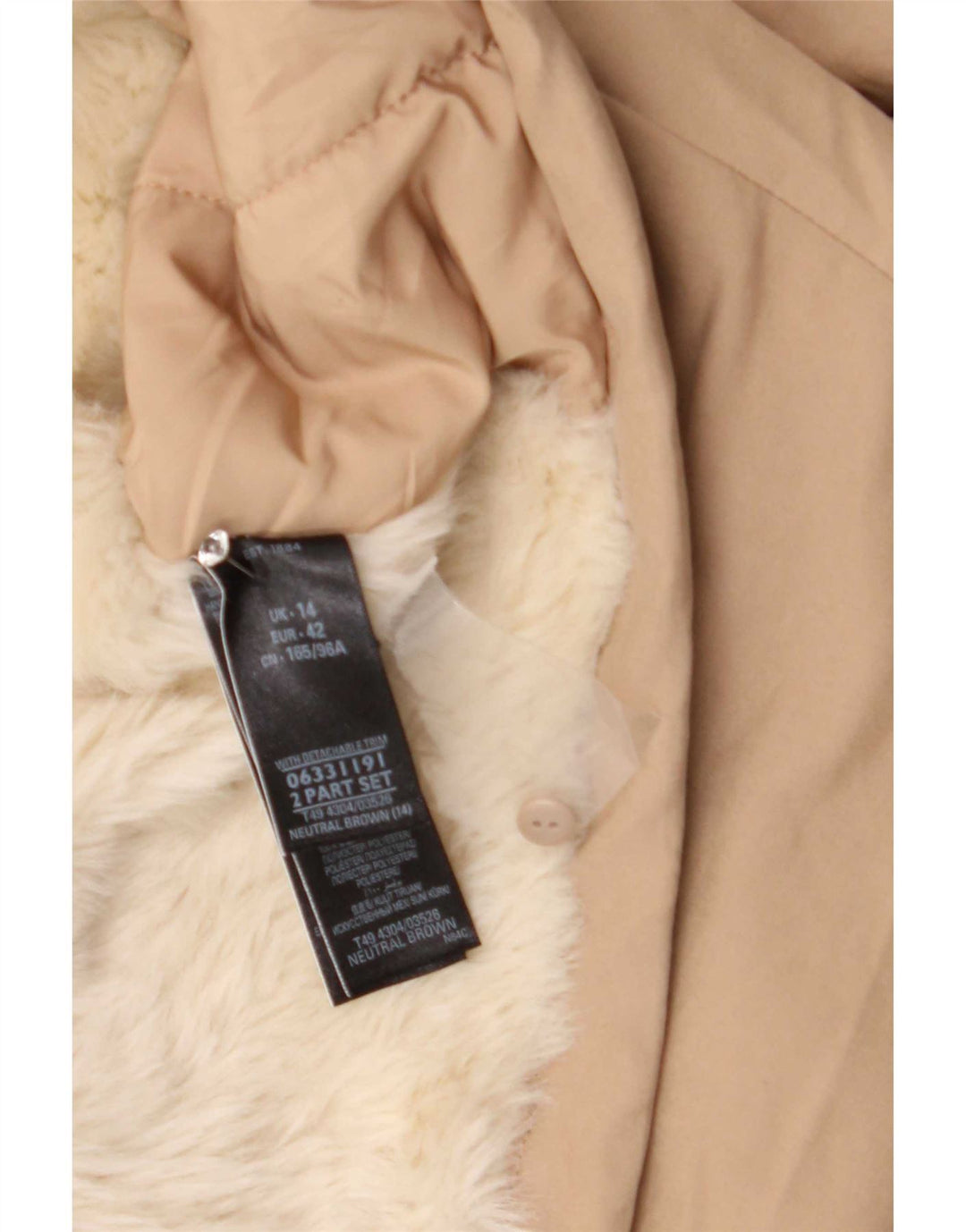 Jaqueta parka feminina com capuz grande Marks & Spencer Reino Unido 14 grande bege