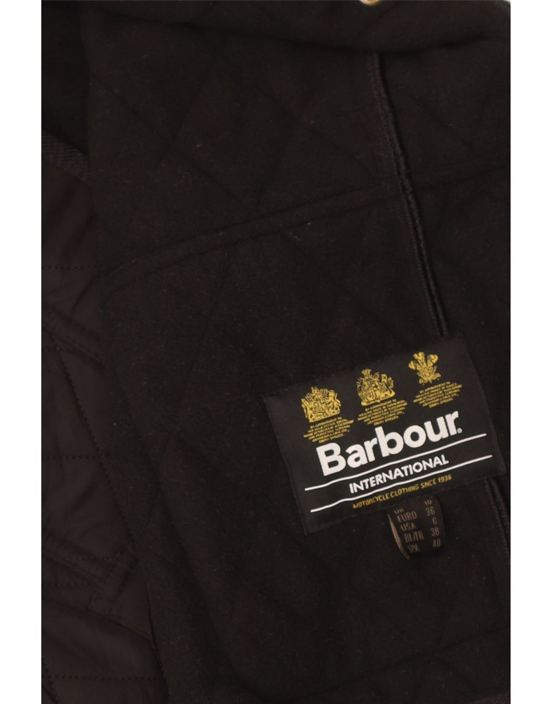 Jaqueta acolchoada militar feminina Barbour UK 10 poliéster preto pequeno
