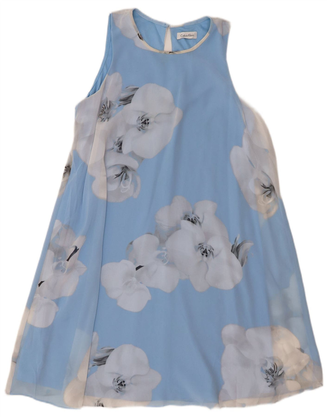 Vestido feminino Calvin Klein sem mangas, tamanho 12, grande, azul, floral, poliéster