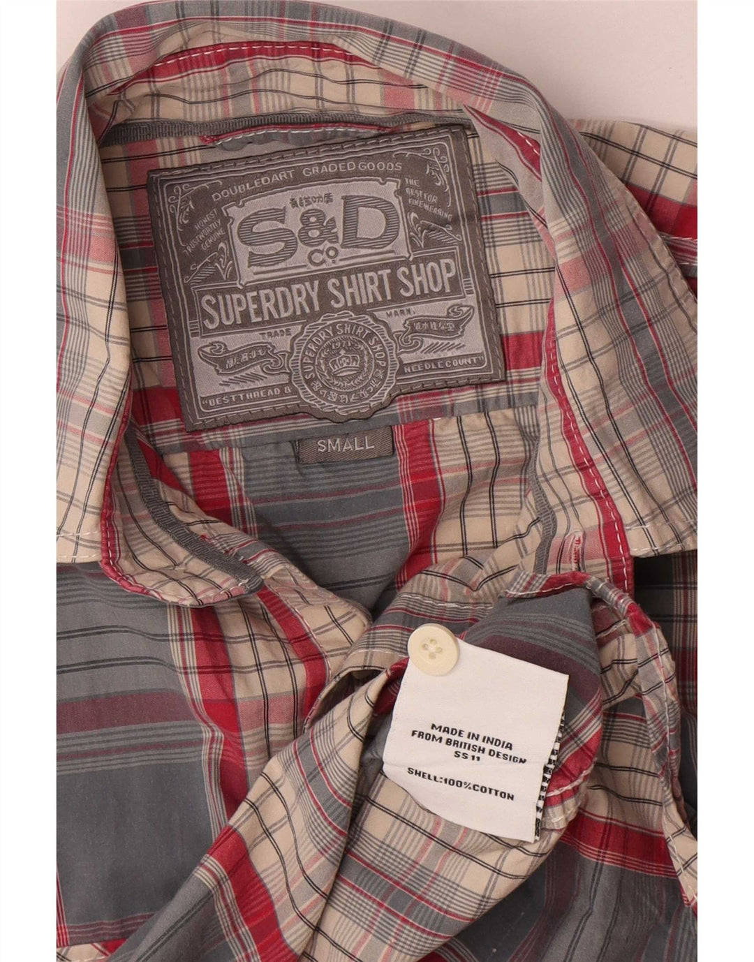 Camisa masculina Superdry de manga curta pequena azul xadrez algodão