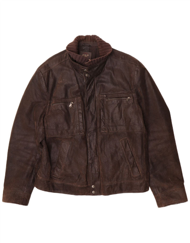 Jaqueta de couro masculina P&P People UK 42 XL couro marrom