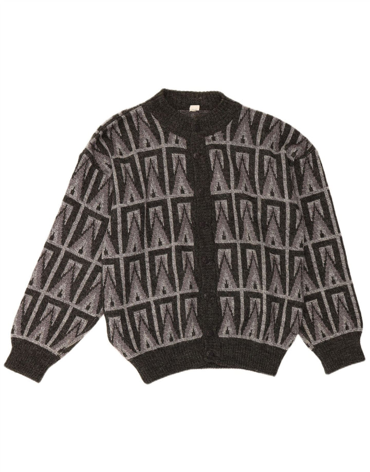 Suéter cardigã masculino vintage IT 54 XL lã geométrica cinza