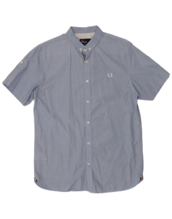 Camisa masculina de manga curta Fred Perry Slim Fit azul médio algodão