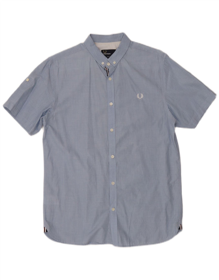 Camisa masculina de manga curta Fred Perry Slim Fit azul médio algodão
