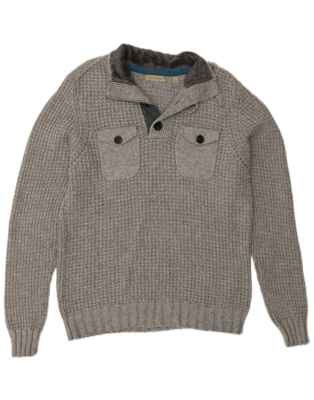 Suéter masculino Ted Baker com gola redonda e botão, tamanho 4, algodão cinza grande