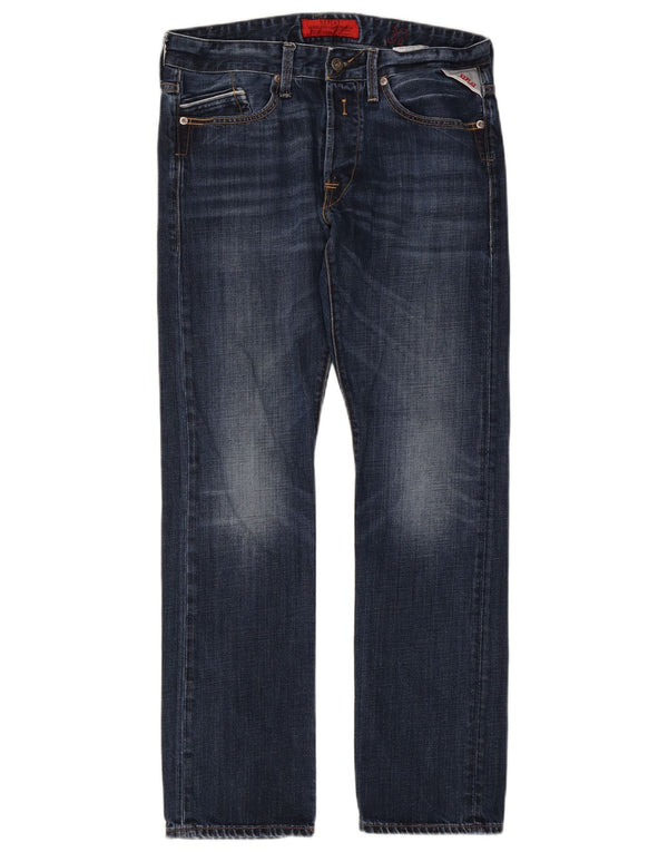 Replay Mens Straight Jeans W32 L32 Azul Marinho Algodão