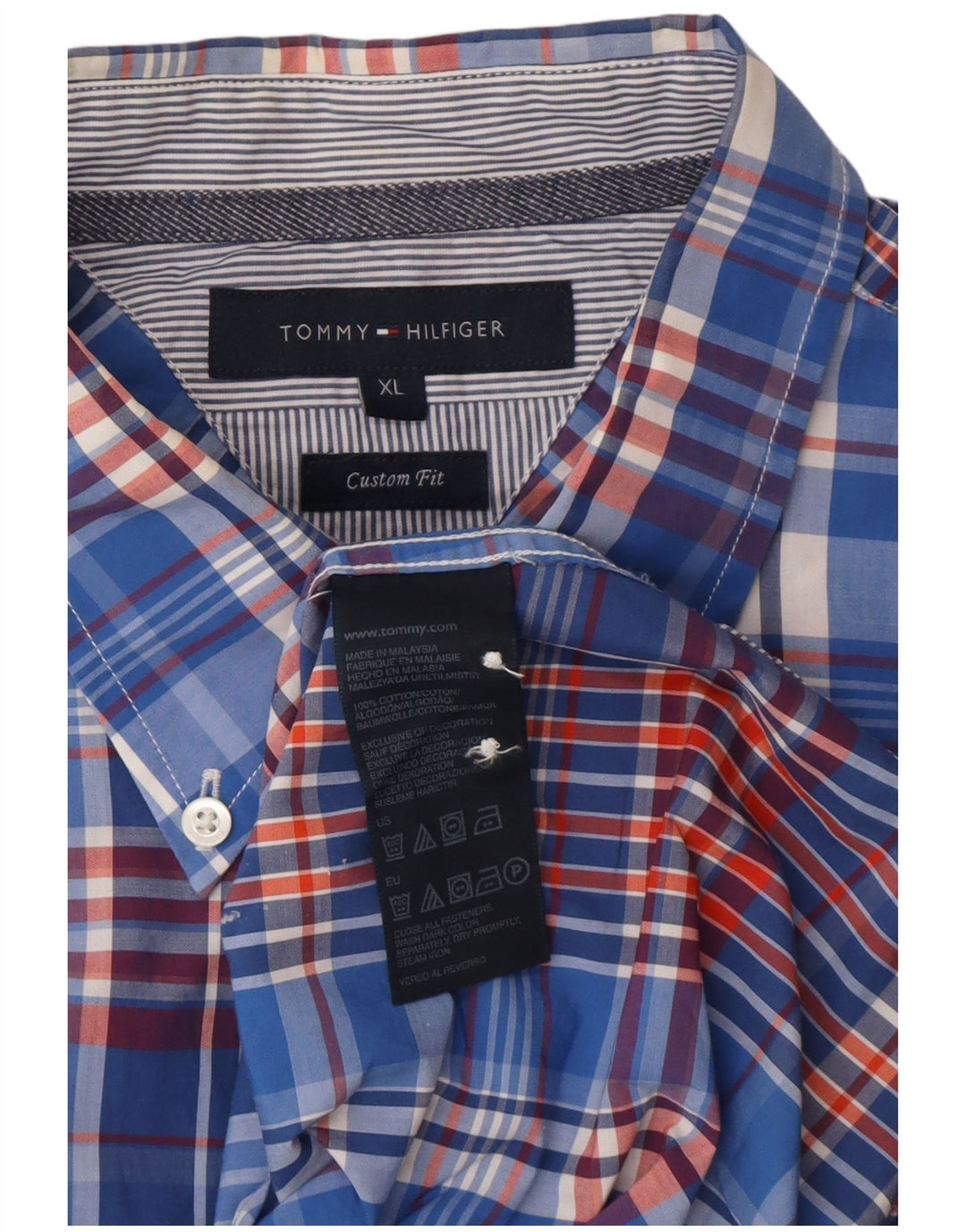 Camisa masculina TOMMY HILFIGER de manga curta com ajuste personalizado XL azul xadrez de algodão