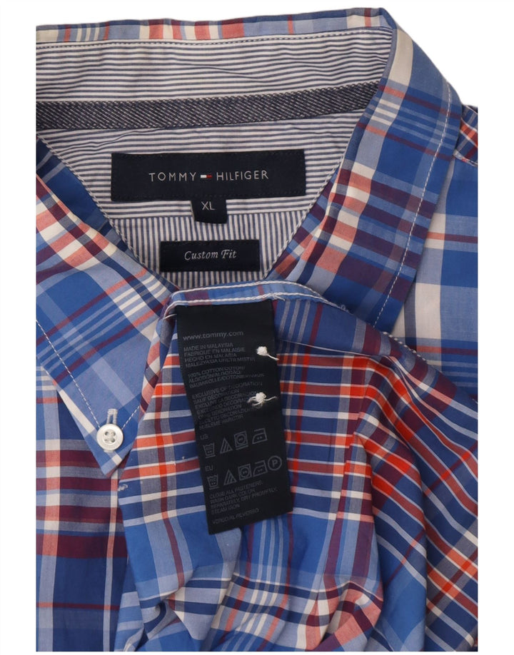 Camisa masculina TOMMY HILFIGER de manga curta com ajuste personalizado XL azul xadrez de algodão