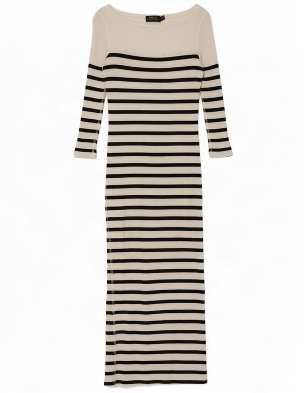 Polo Ralph Lauren Vestido maxi feminino manga 3/4 Reino Unido 6 XS algodão listrado branco