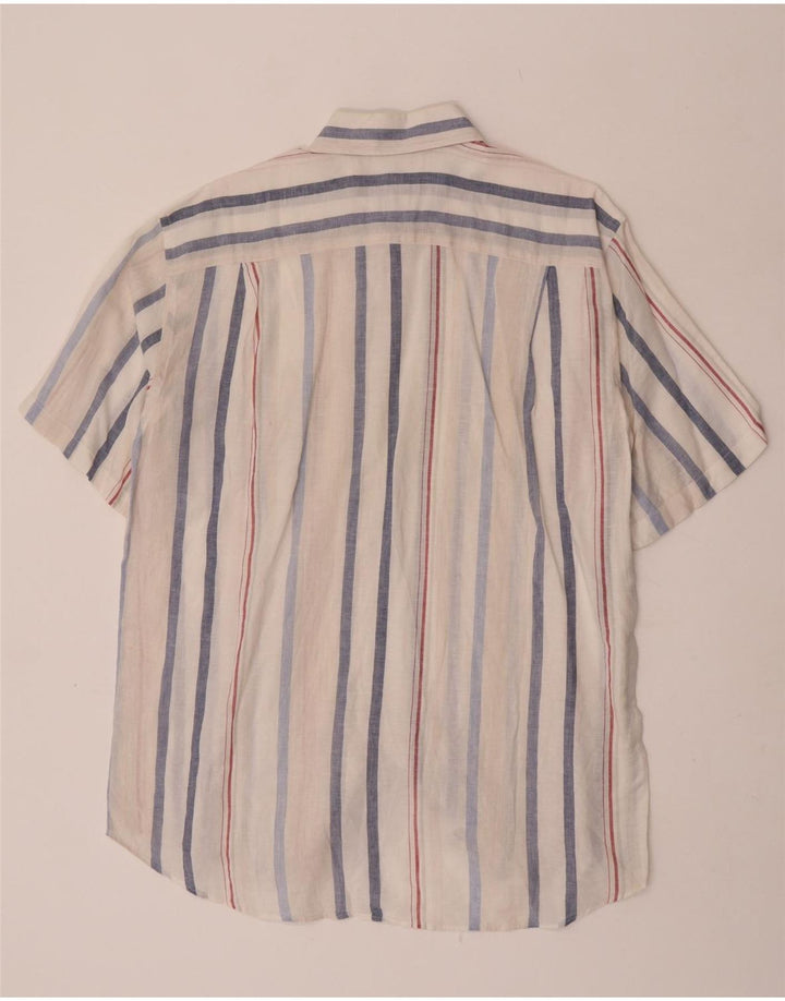 Lacoste camisa masculina de manga curta tamanho 42 linho listrado branco grande