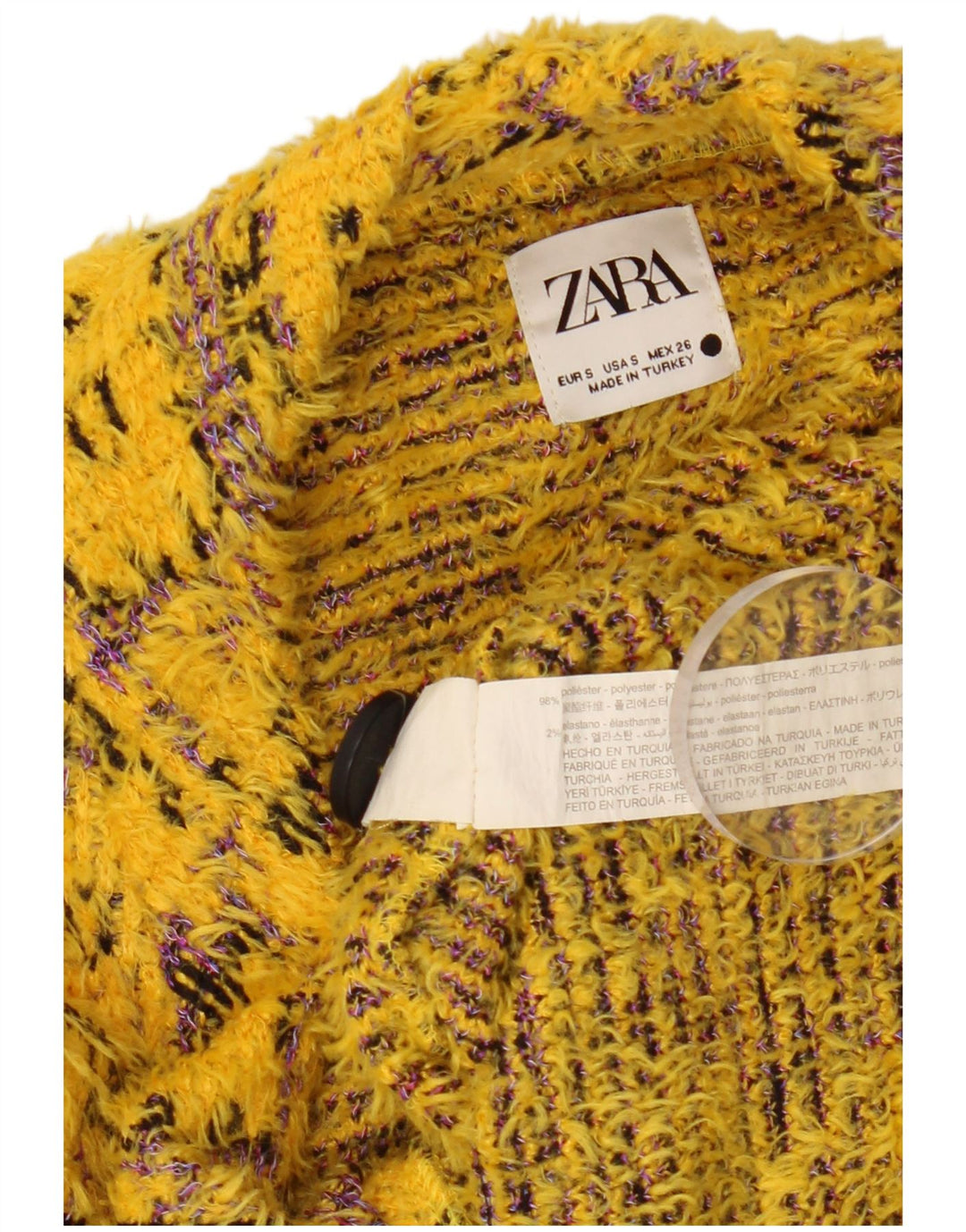Suéter cardigã feminino oversized ZARA Reino Unido 10 pequeno amarelo geométrico