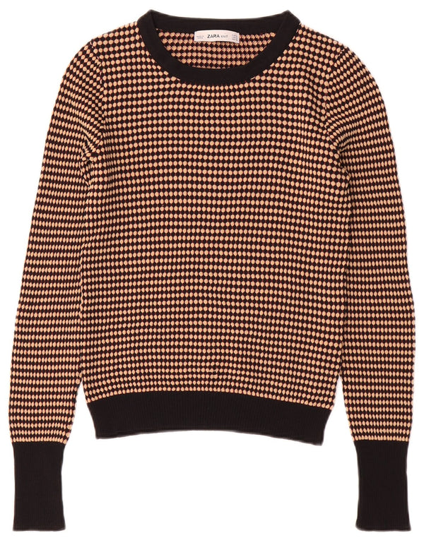 Suéter feminino Zara com gola redonda e gola redonda, listrado marrom médio, Reino Unido 12