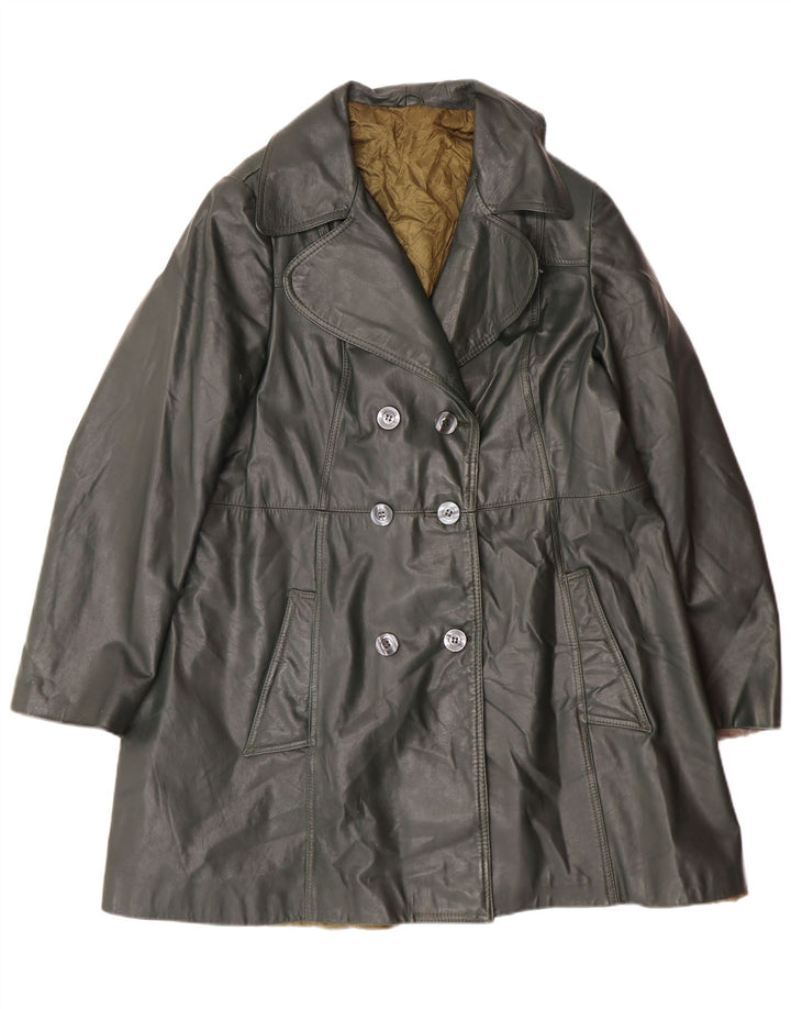 Casaco de couro vintage feminino com peito duplo UK 18 XL verde