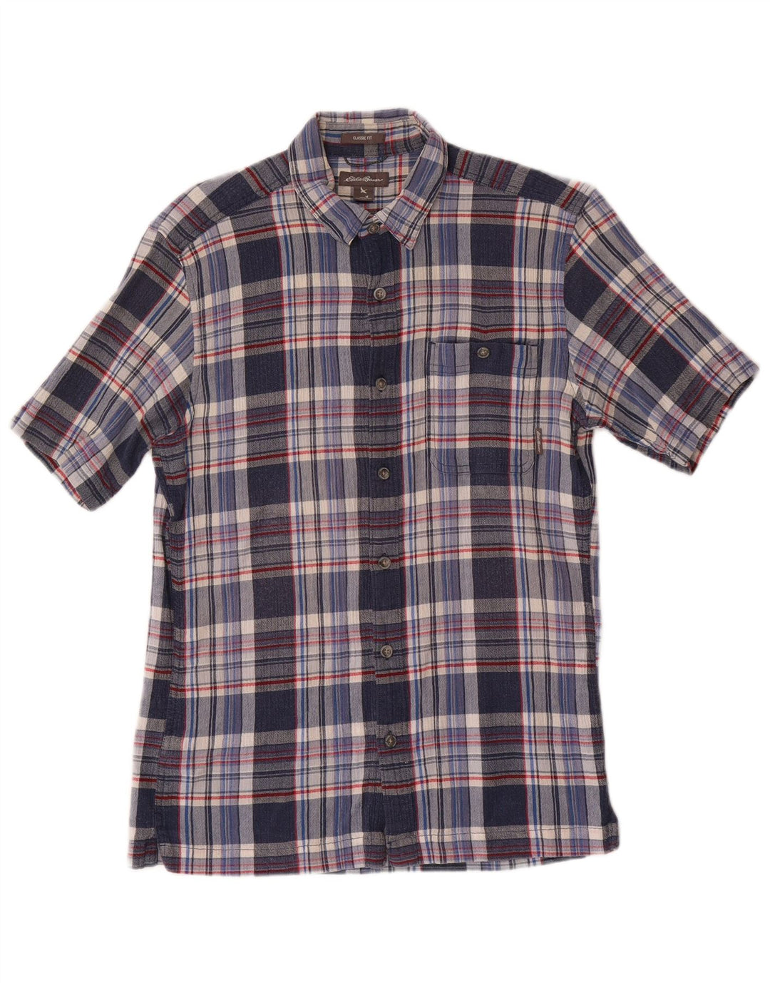 EDDIE BAUER Camisa masculina clássica de manga curta de algodão xadrez azul médio