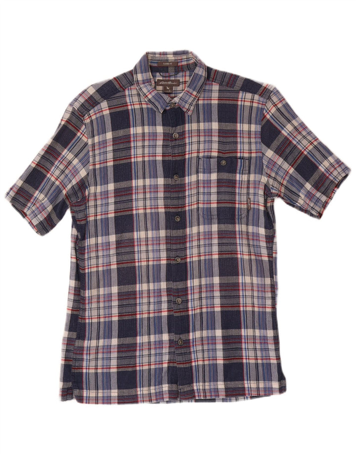 EDDIE BAUER Camisa masculina clássica de manga curta de algodão xadrez azul médio