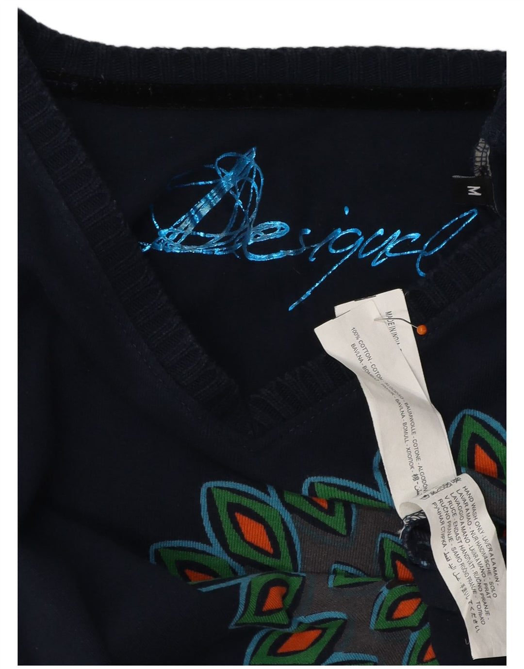 Top gráfico feminino Desigual manga comprida UK 12 algodão azul marinho médio