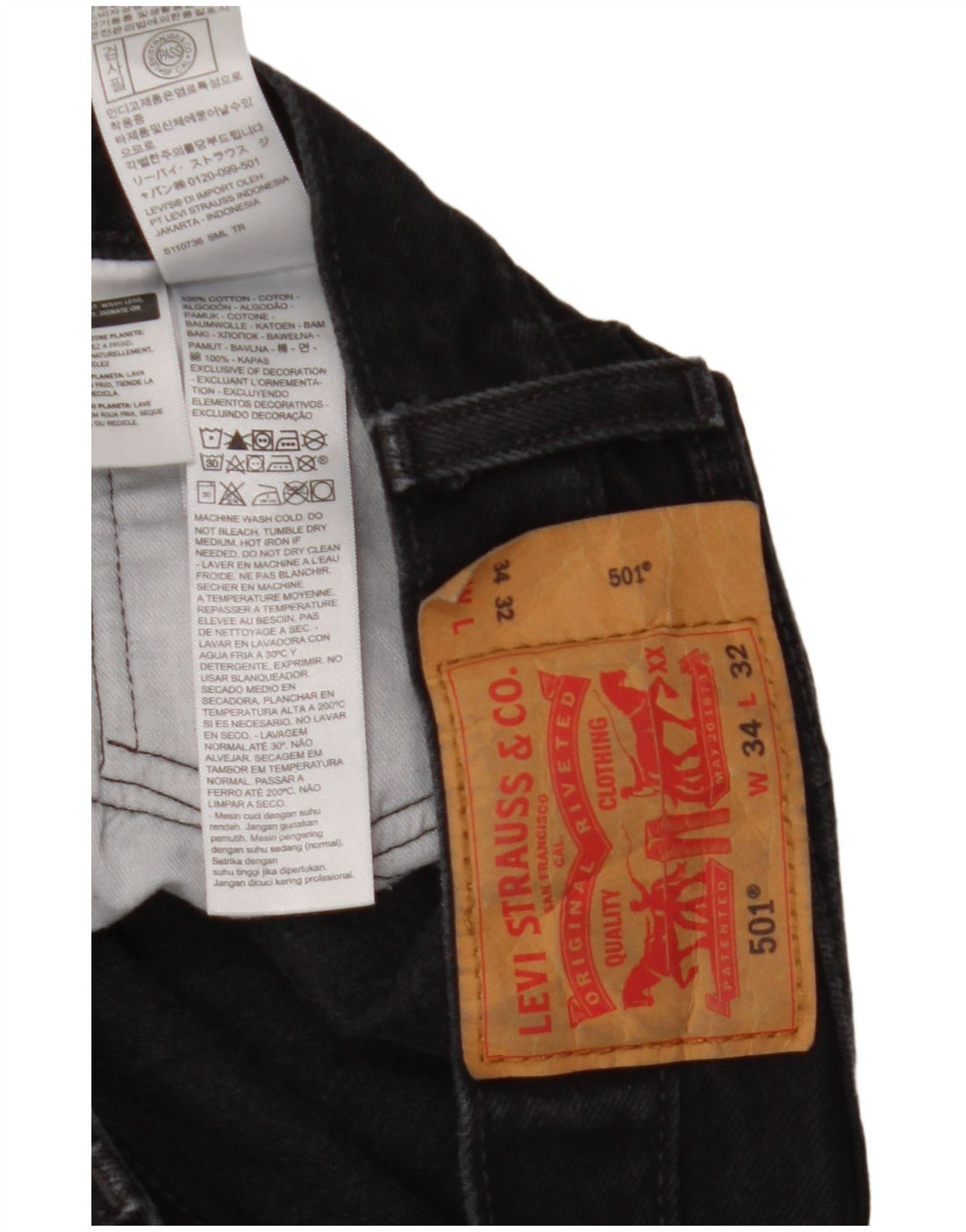 Calça jeans masculina Levi's 501 Straight W34 L32 algodão preto