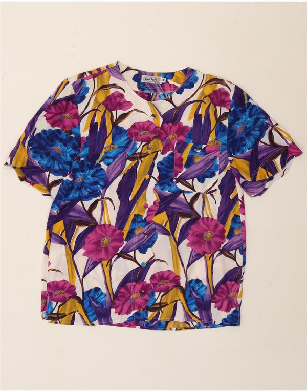 Blusa feminina vintage de manga curta UK 14 média floral multicolorida