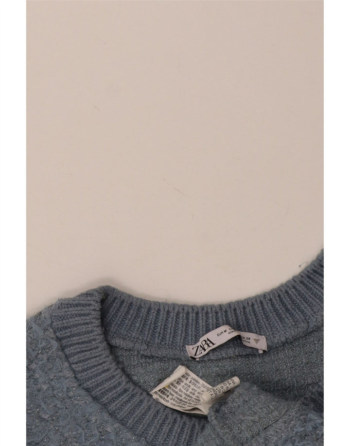 Zara Suéter feminino cropped com gola redonda Reino Unido 14 poliéster azul médio