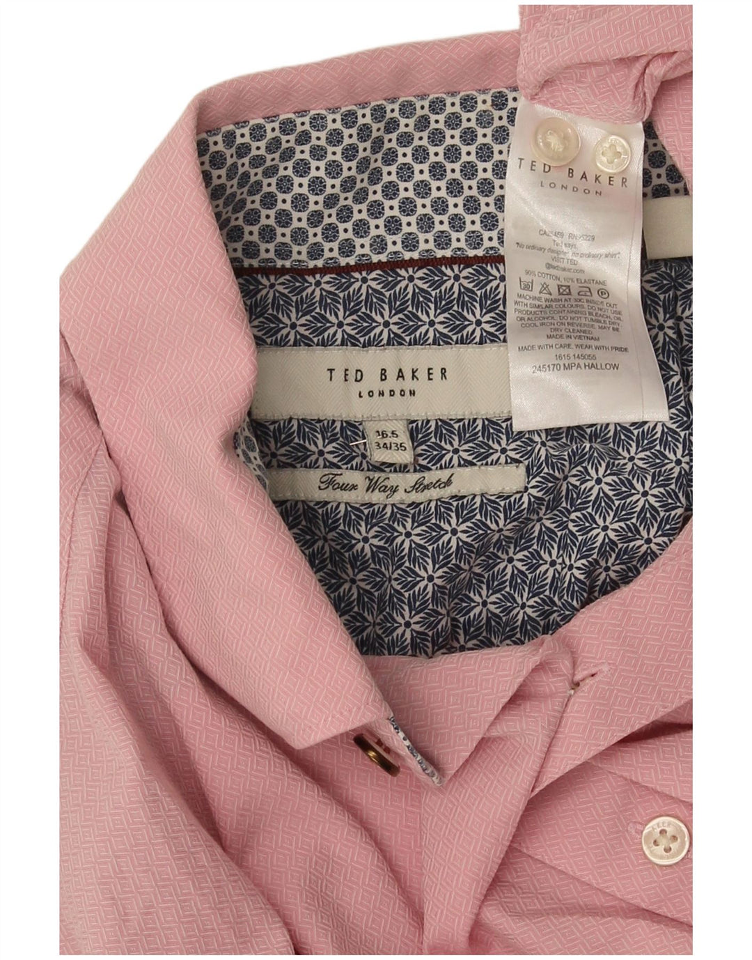 Camisa masculina Ted Baker tamanho 16 1/2 grande algodão geométrico rosa