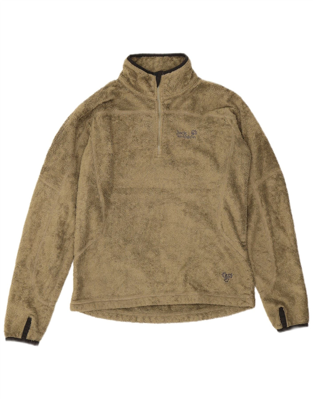 Suéter de lã feminino Jack Wolfskin com zíper e gola UK 10 pequeno poliéster cáqui