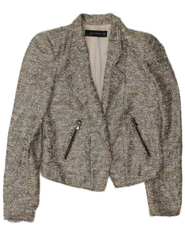 Zara Womens Open Bolero Jacket UK 6 XS cinza algodão manchado