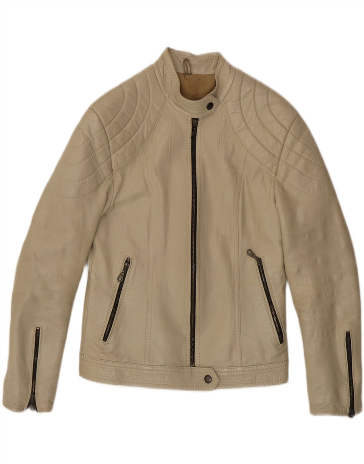 Jaqueta feminina vintage de couro para motociclista UK 8 pequena bege