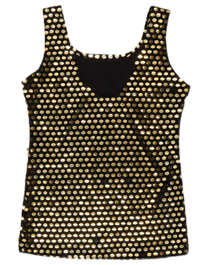 Blusa sem mangas feminina vintage Top UK 10 poliéster preto pequeno