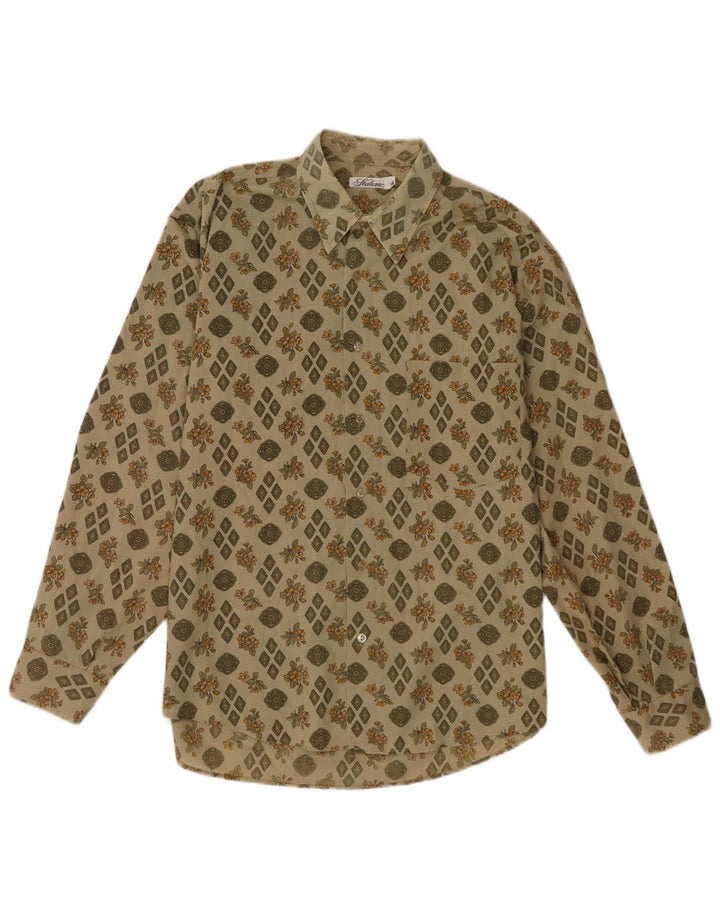 Camisa masculina vintage grande poliéster floral cáqui