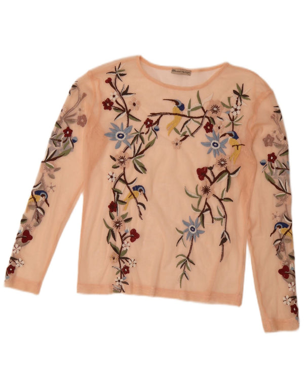 Zara Top feminino de manga comprida transparente UK 10 pequeno rosa floral