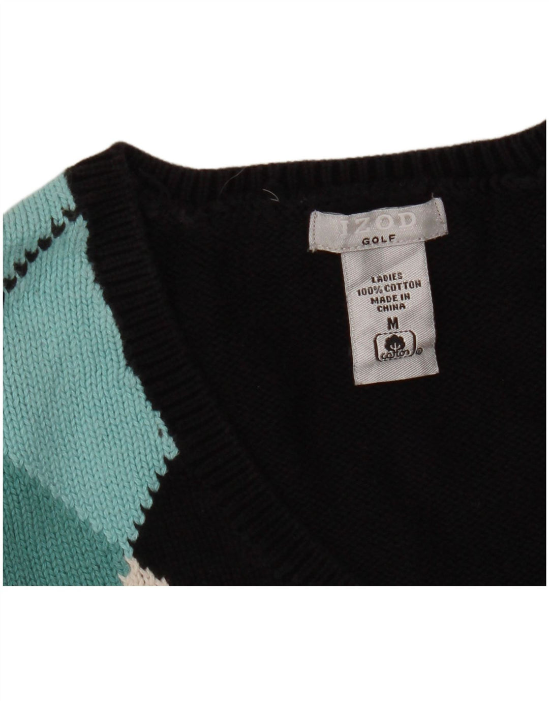 Suéter feminino de golfe com decote em V IZOD Reino Unido 12 médio preto argyle/diamante