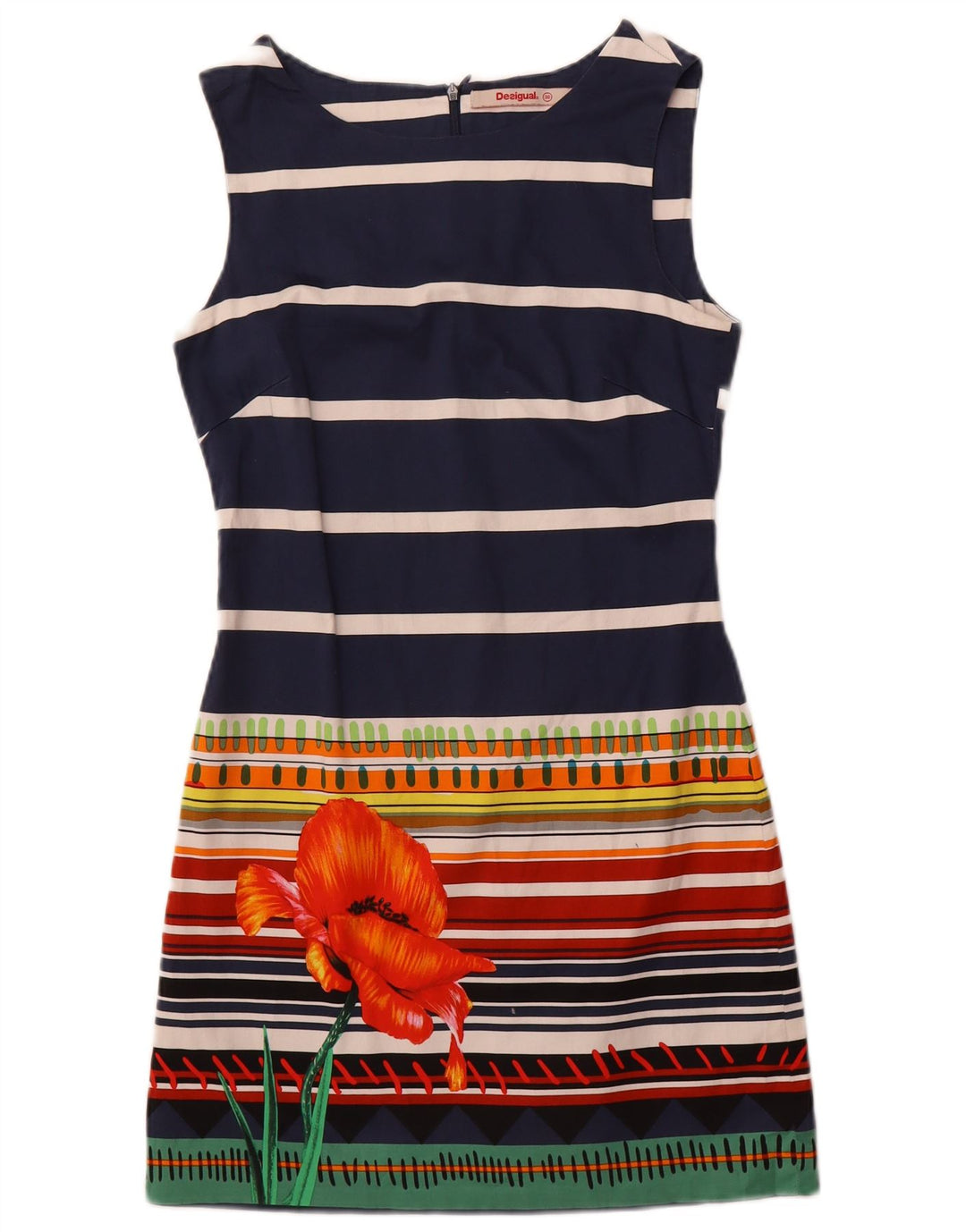 Vestido feminino Desigual sem mangas com bainha UE 36 pequeno listrado azul marinho