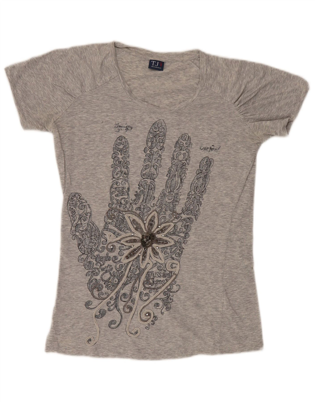 Trussardi Jeans Camiseta feminina gráfica Top UK 12 cinza médio