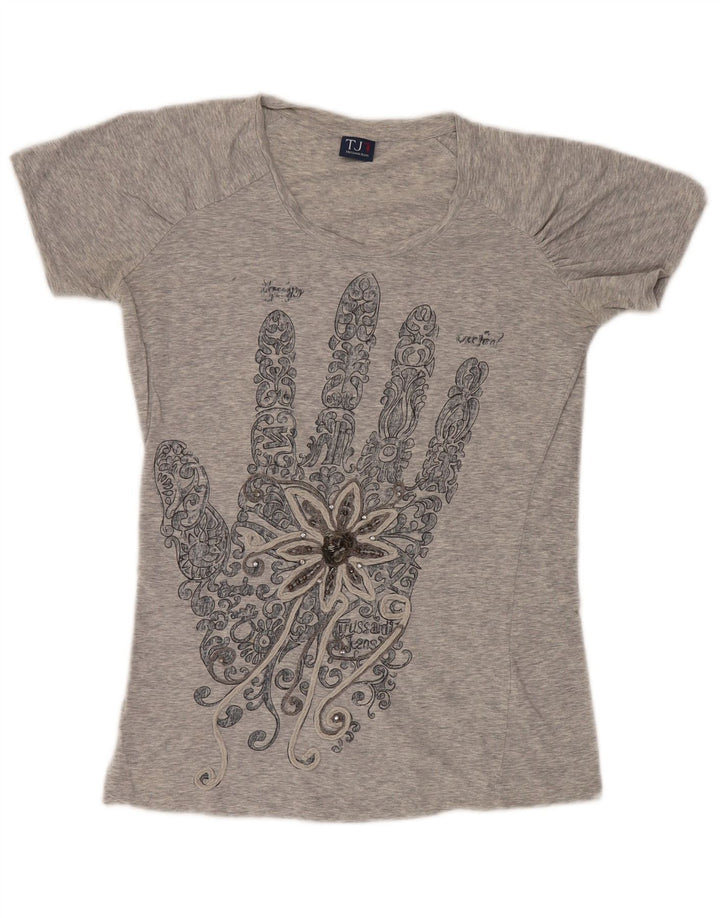 Trussardi Jeans Camiseta feminina gráfica Top UK 12 cinza médio