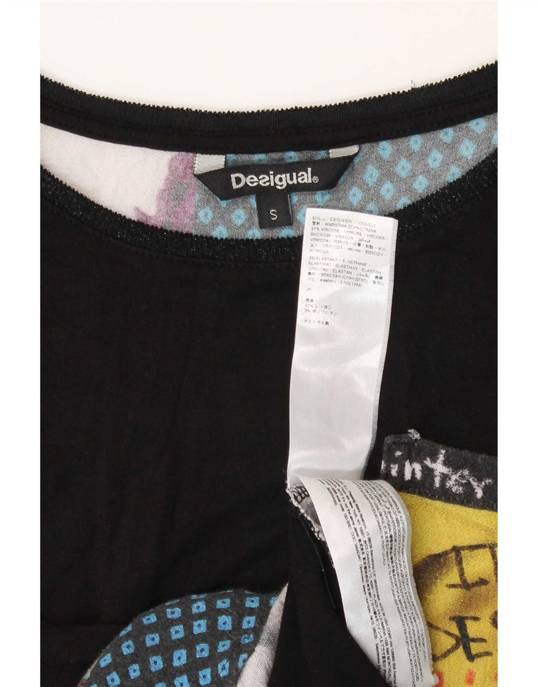 Desigual Top feminino com estampa abstrata manga 3/4 Reino Unido 10 viscose preta pequena