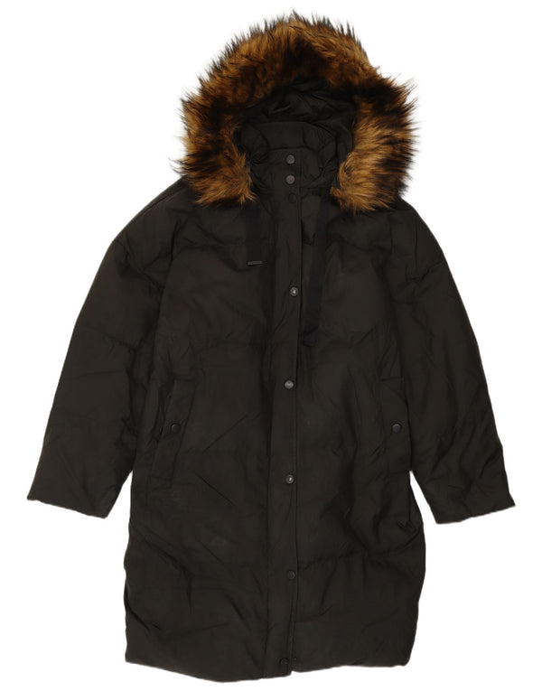 Casaco acolchoado com capuz grande Zara feminino Reino Unido 10 pequeno preto nylon