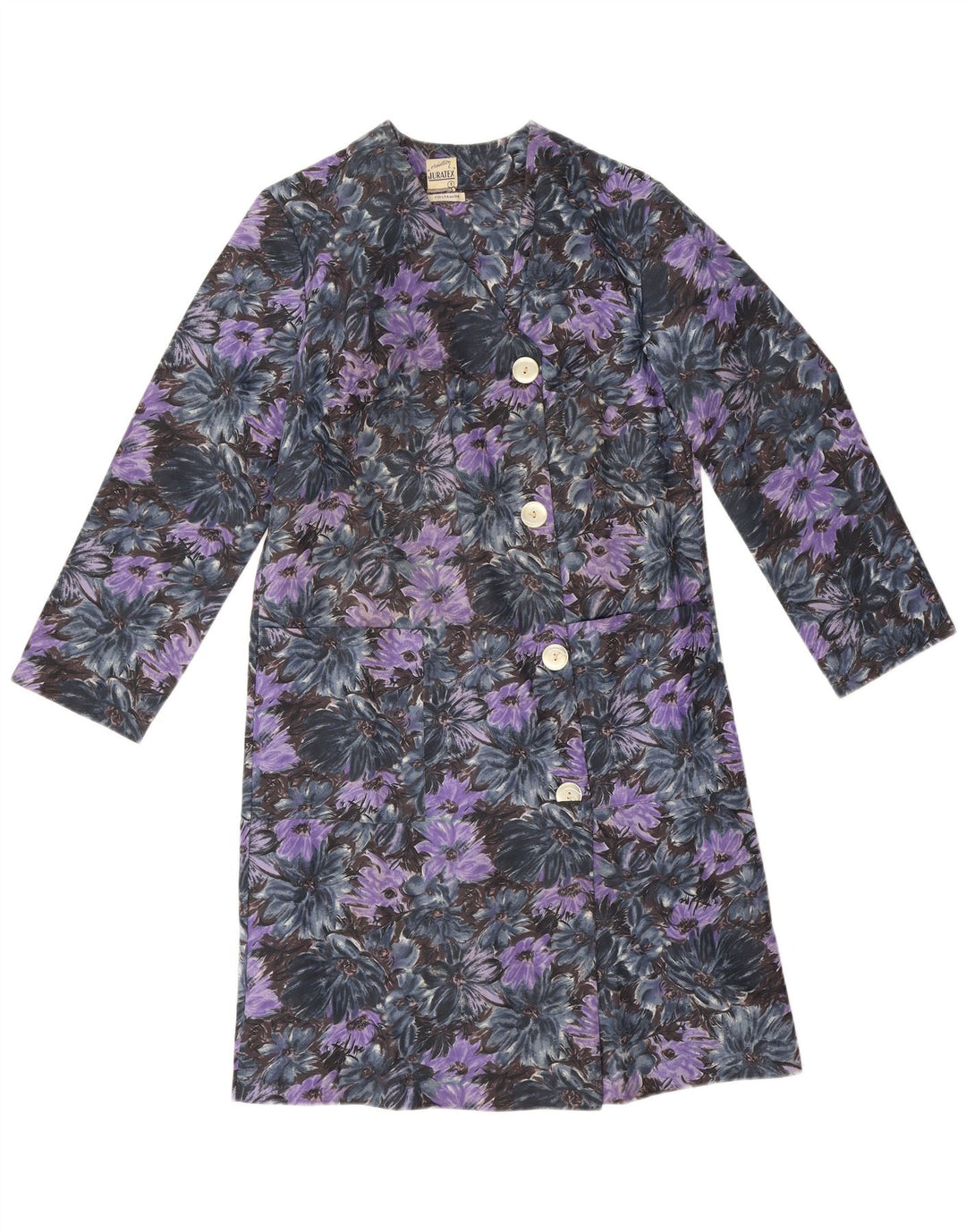 Sobretudo feminino vintage UK 14 poliamida floral roxa média