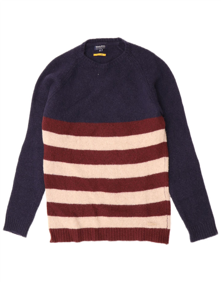 Suéter masculino Woolrich com gola redonda, lã listrada azul marinho médio