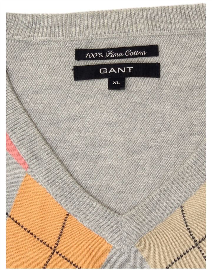 Suéter masculino Gant com decote em V XL cinza Argyle/algodão diamante