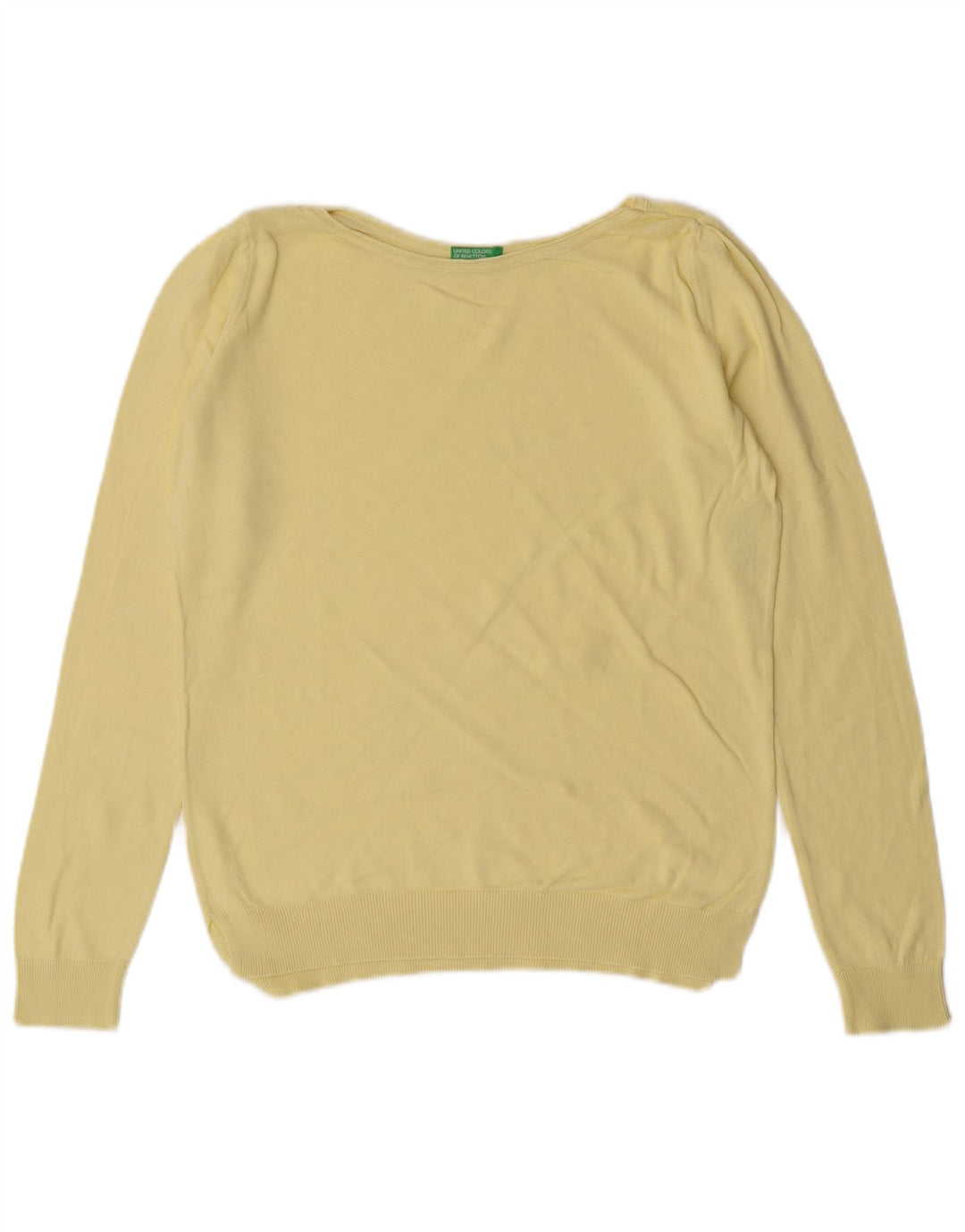 Suéter feminino Benetton com gola canoa UK 12 médio algodão amarelo clássico