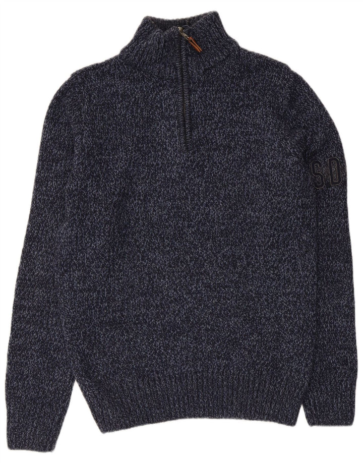 Suéter feminino Superdry com gola e zíper UK 14 médio azul marinho manchado