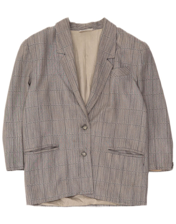 Jaqueta blazer feminina vintage de manga 3/4 e 2 botões Reino Unido 14 xadrez cinza médio