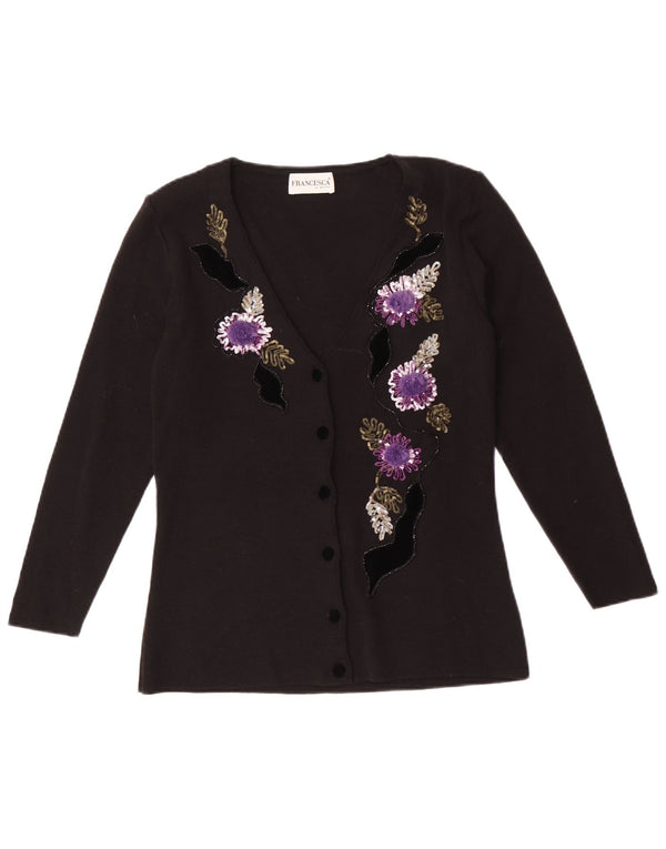 Suéter cardigã feminino Francesca By Sottini Reino Unido 14 grande lã floral preta