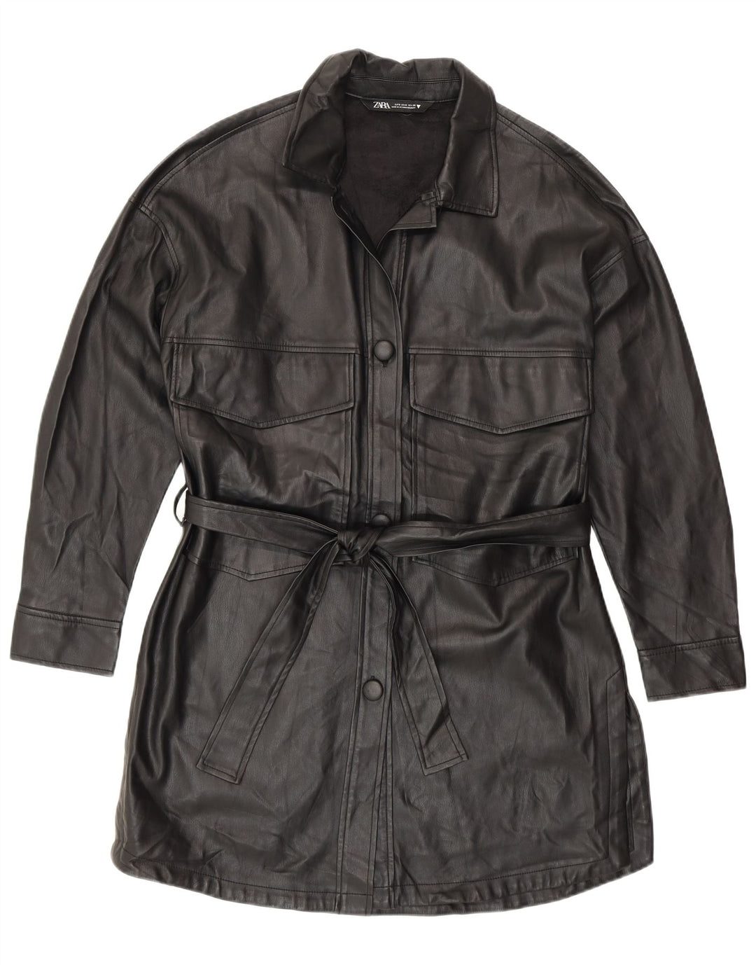 Casaco feminino Zara de couro sintético UK 10 pequeno poliuretano preto moderno