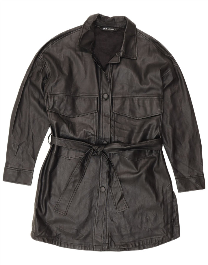 Casaco feminino Zara de couro sintético UK 10 pequeno poliuretano preto moderno